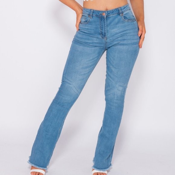 High Waist Frayed Hem Skinny Flare Denim Jeans - Picture 2 of 8